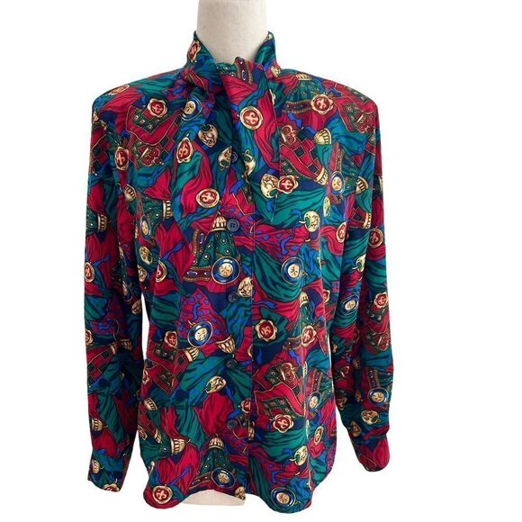 Vintage 90’s Tassel + Medallions Tie Neck Long Sleeve Button Front Blouse 6P - Picture 1 of 8